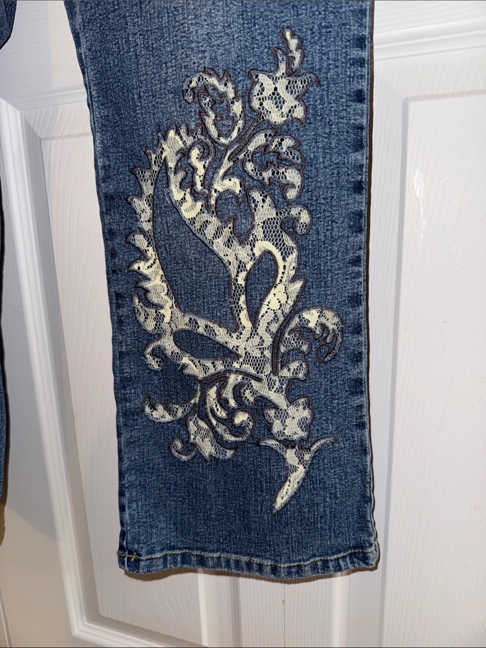 Women’s Dark Blue Jeans with lace inlay on left leg, EUC - Picture 2 of 4